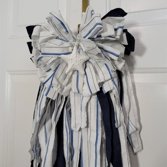 Beach Rag Bow, Starfish Rag Bow, Summer Coastal White/Blue Stripe Wreath Rag Bow - Picture 6 of 12